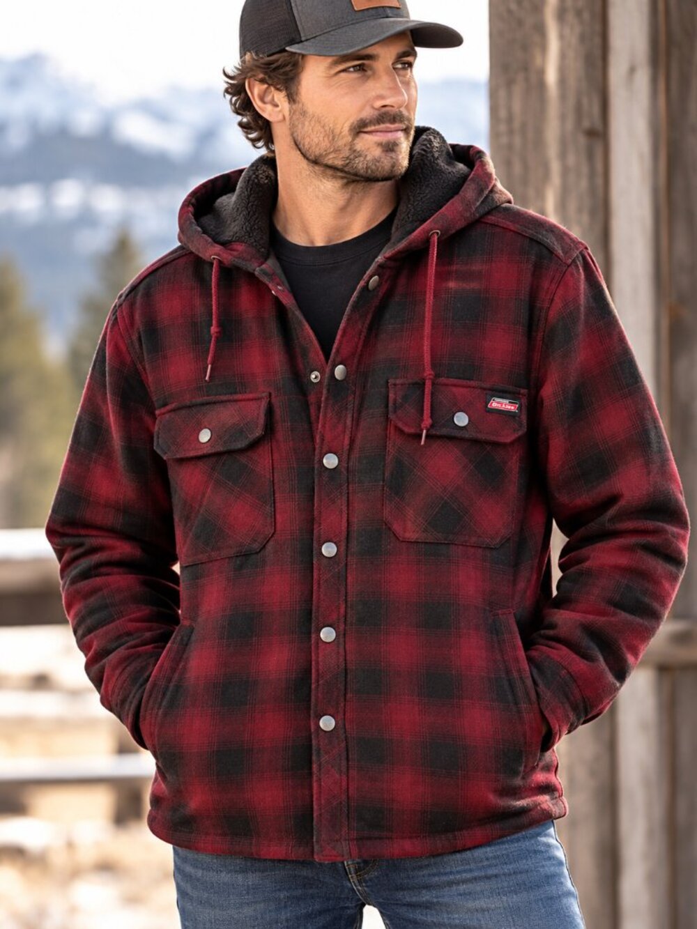 Genuine Dickies GD5401 Red Black Plaid Fleece-Lined Hooded Shirt Jacket Small